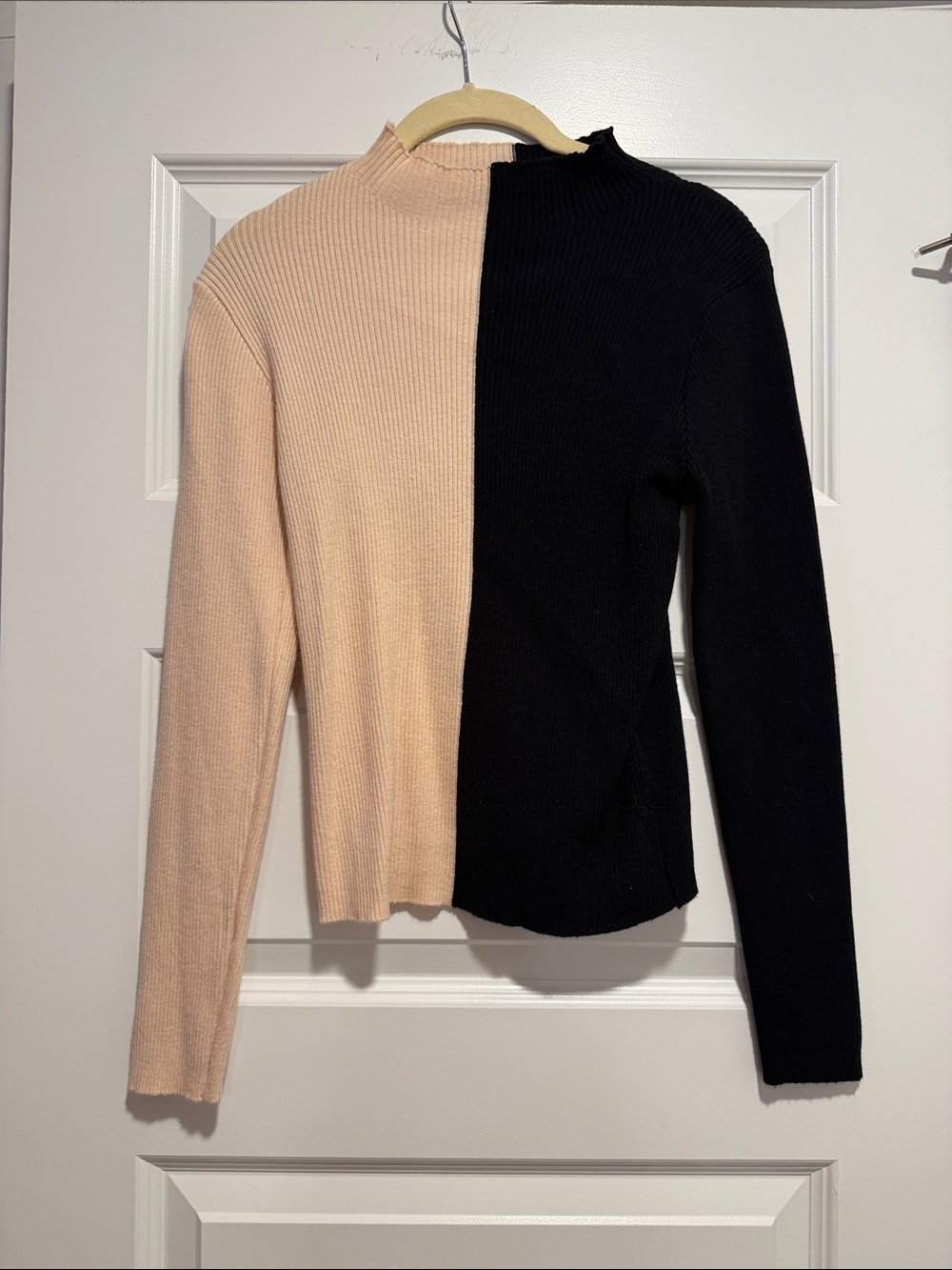 SHEIN Two-Tone Black and Beige Ribbed Mock Neck Long Sleeve Top